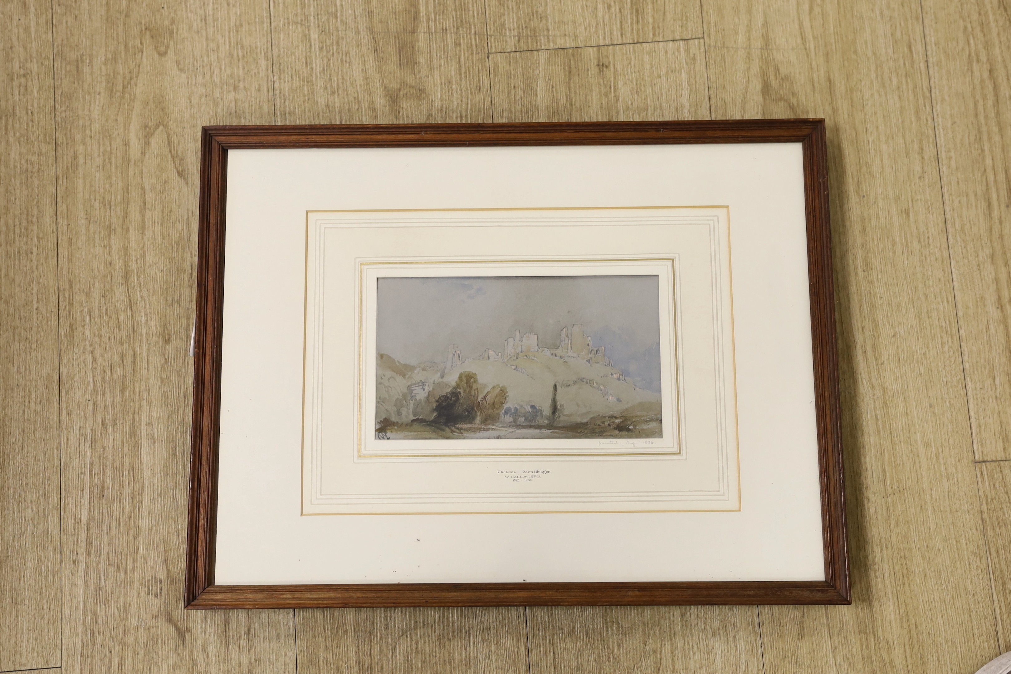 William Callow R.W.S. (1812-1908), watercolour and pencil, 'Chateau Montdragon 1836', monogrammed, presentation inscription from Sir William Russell Flint verso, 12.5 x 22cm